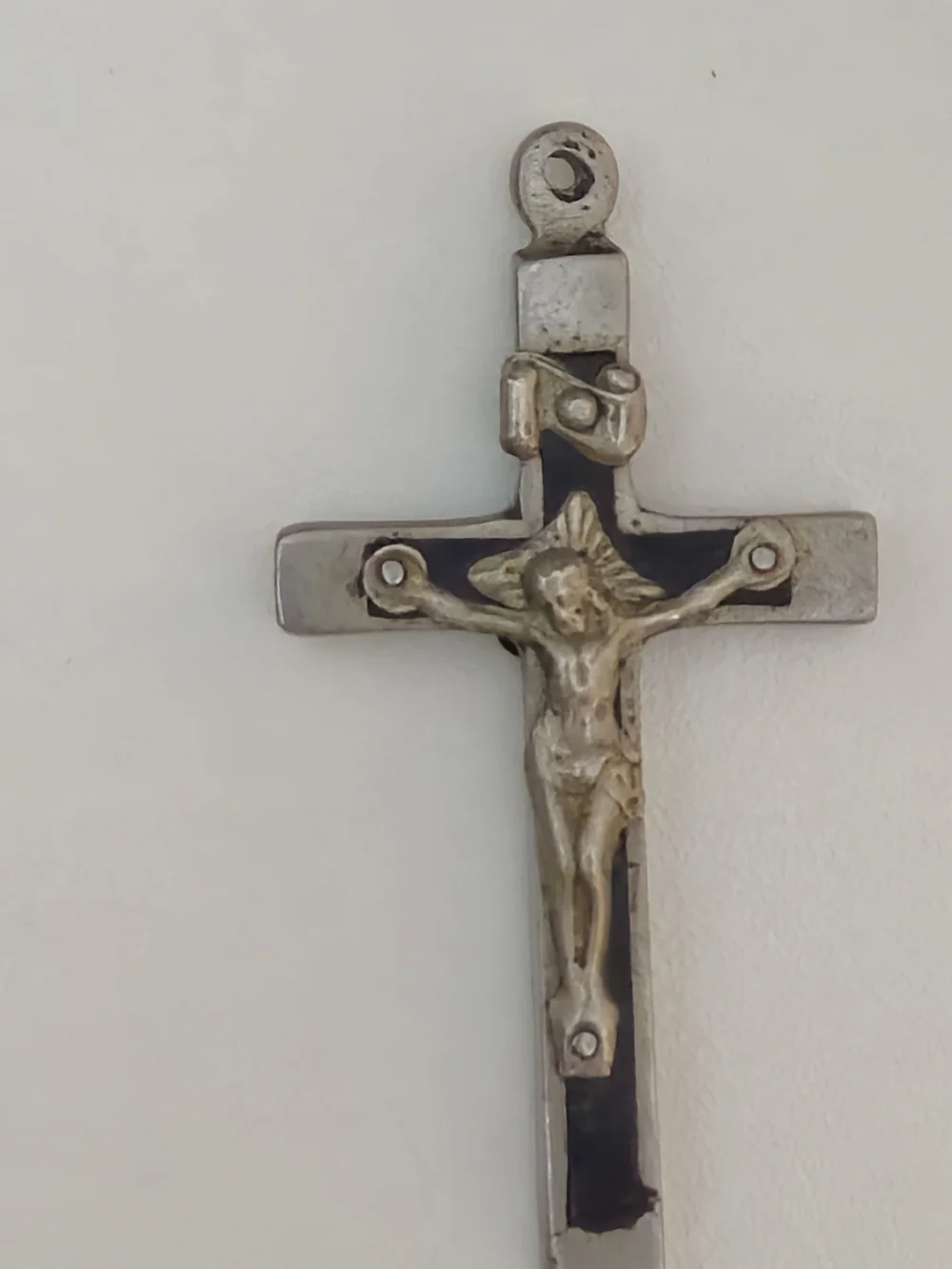 Men's Silver-Tone Crucifix Pendant with Black Inlay